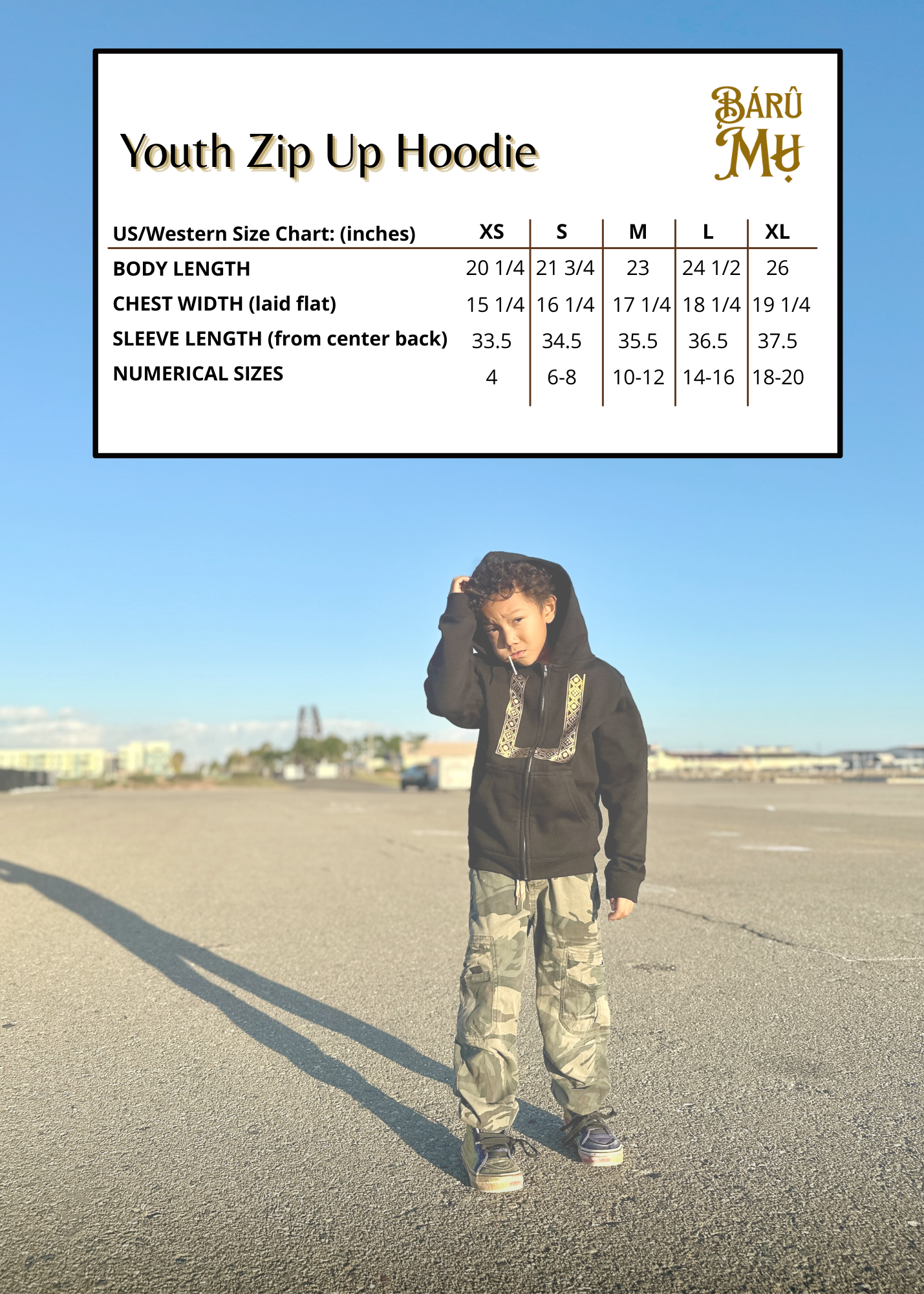 size chart for youth zip up or pullover hoodie