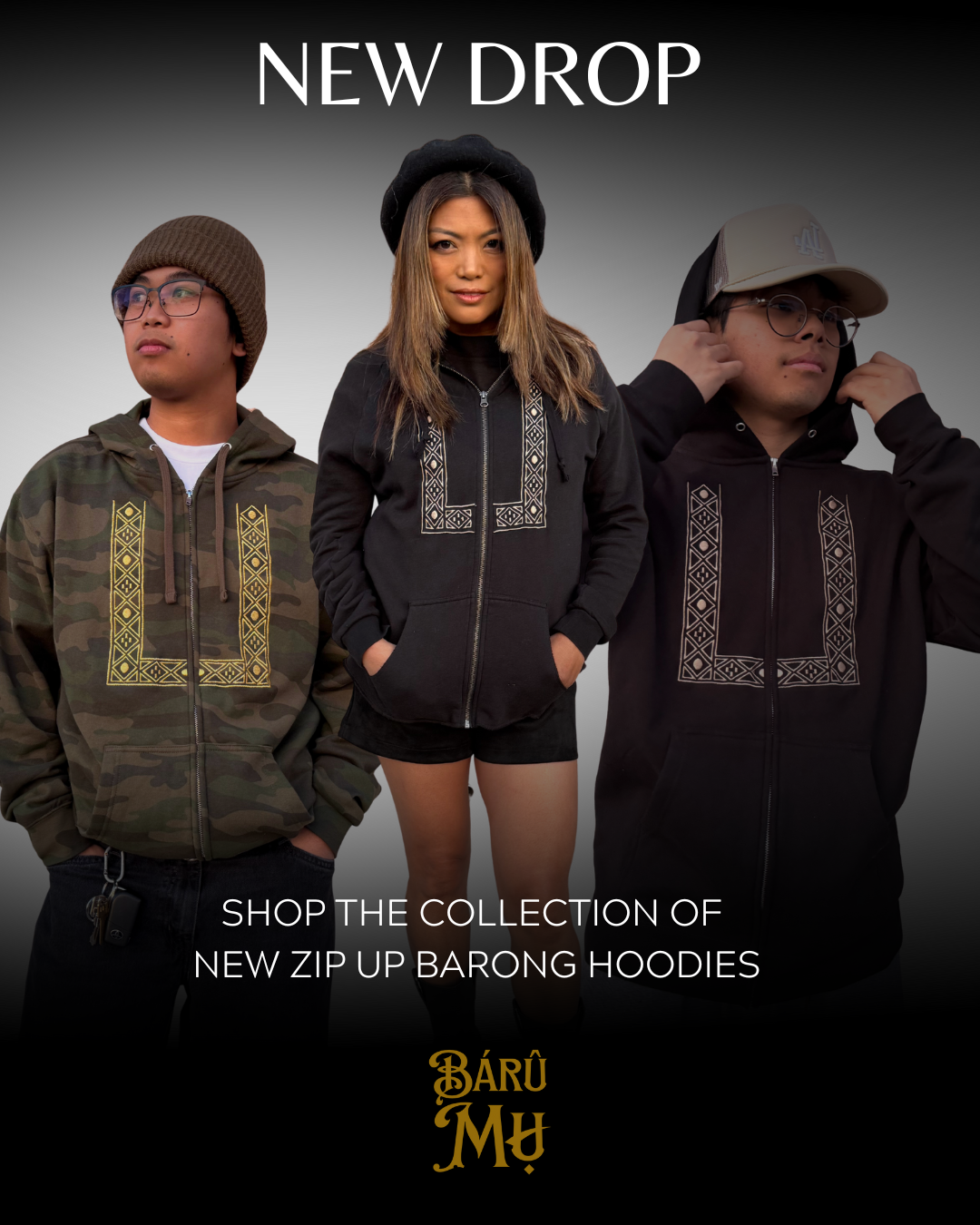 A family of 3 wearing their barong hoodies in a forest setting