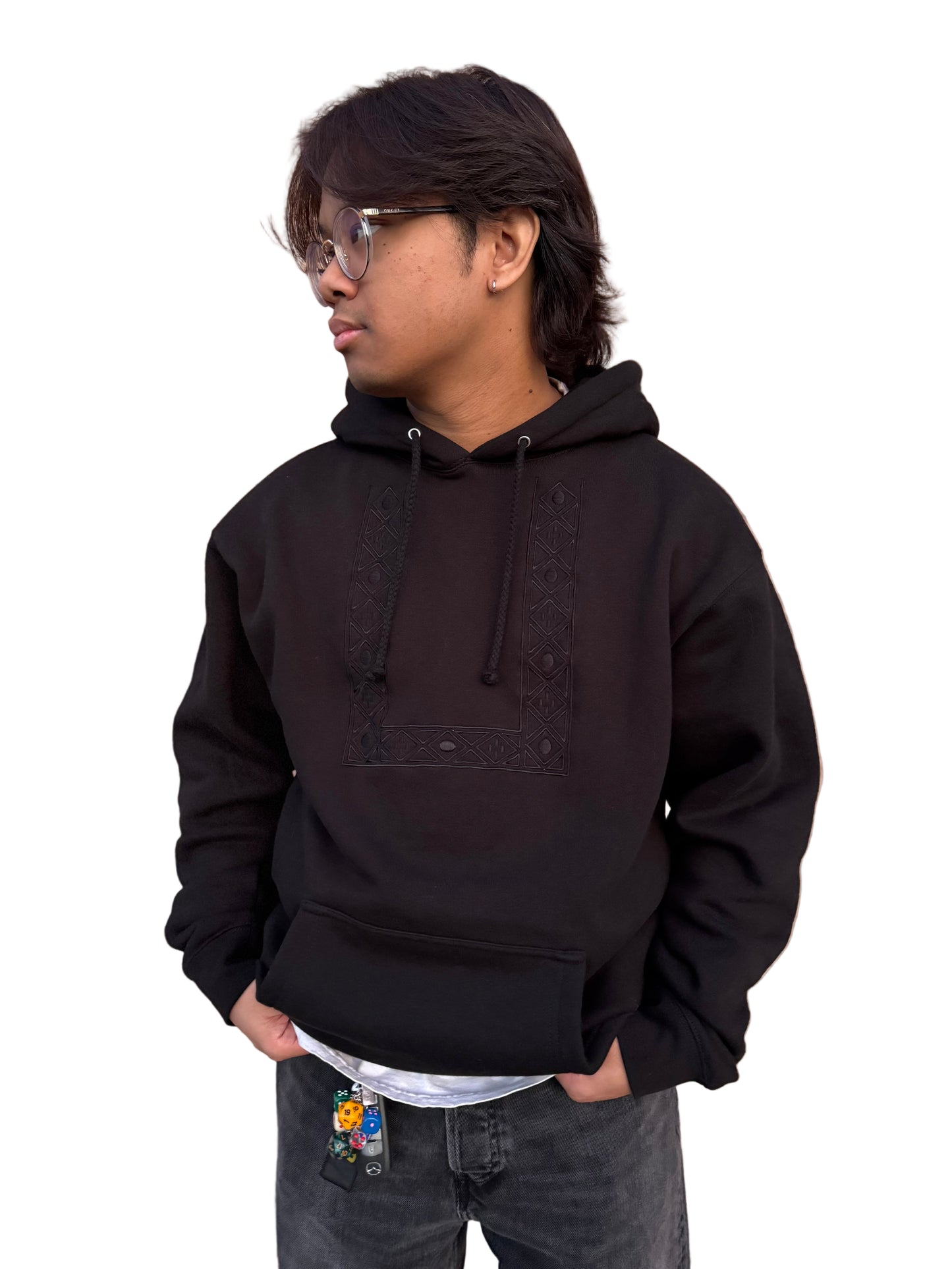 Person wearing a black  pullover hoodie 
