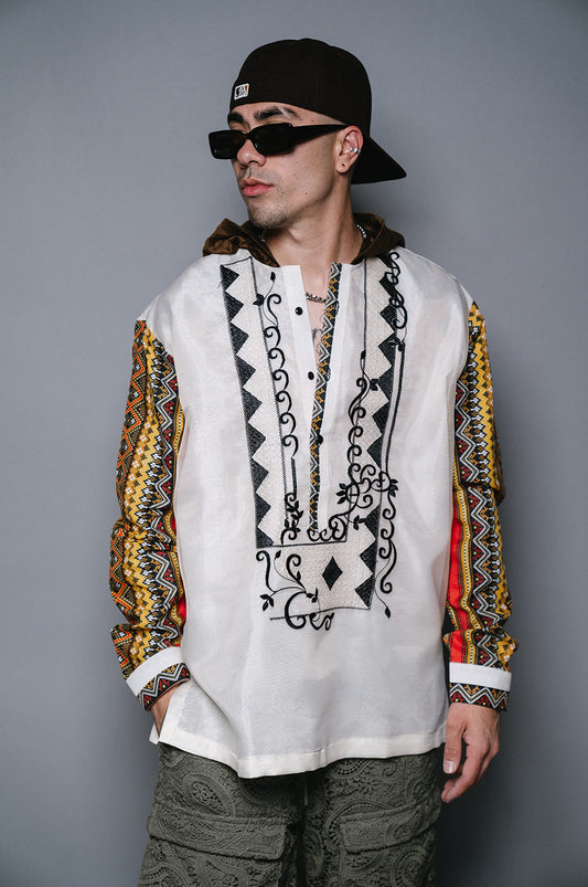CODY - Organza Pullover Barong Hoodie With Printed Sleeves